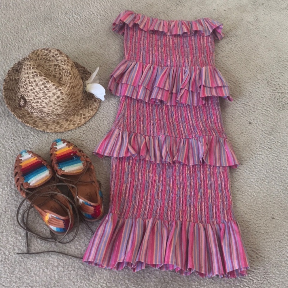 TULAROSA/“BAILEE”STRAPLESS MULTI STRIP LINEN BLEND RUFFLE DRESS/ NEW - Picture 7 of 10